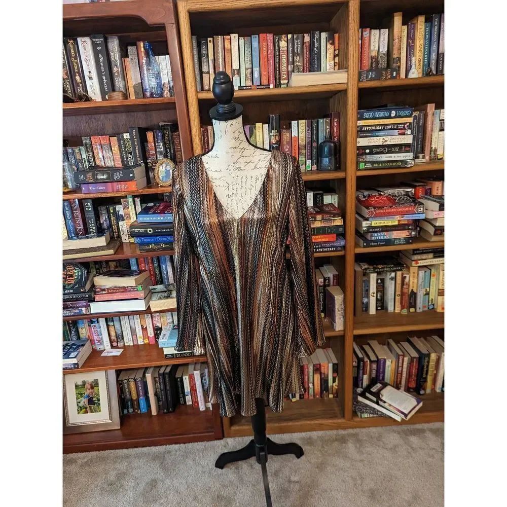 Lavender brown metallic stripe long sleeve mini dress sz s nwot